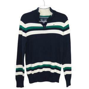 Tommy Hilfiger Women's Navy & Green Knit Striped Preppy Quarter Zip Sweater XL